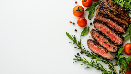 Wall Mural - Sliced beef steak with fresh herbs and cherry tomatoes on white background