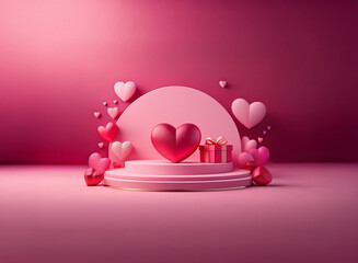 Poster - A romantic 3D rendering showcasing a large heart on a pink platform, surrounded by smaller hearts and a gift.  Perfect for Valentine's Day or love-themed designs.