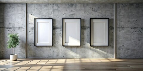 Sticker - Modern minimalist interior with three blank frames on a concrete wall