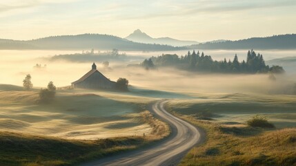 Canvas Print - Experience the tranquil beauty of a rustic barn at dawn surrounded by misty fields, a nostalgic tribute to the past and the simplicity of rural heritage This serene landscape captures the essence of