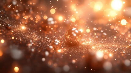 Abstract gold glitter bokeh background with shiny spheres.