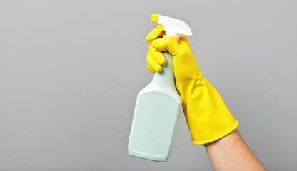 Cleaning spray bottle held by hand in yellow glove, tidy atmosphere, gray background