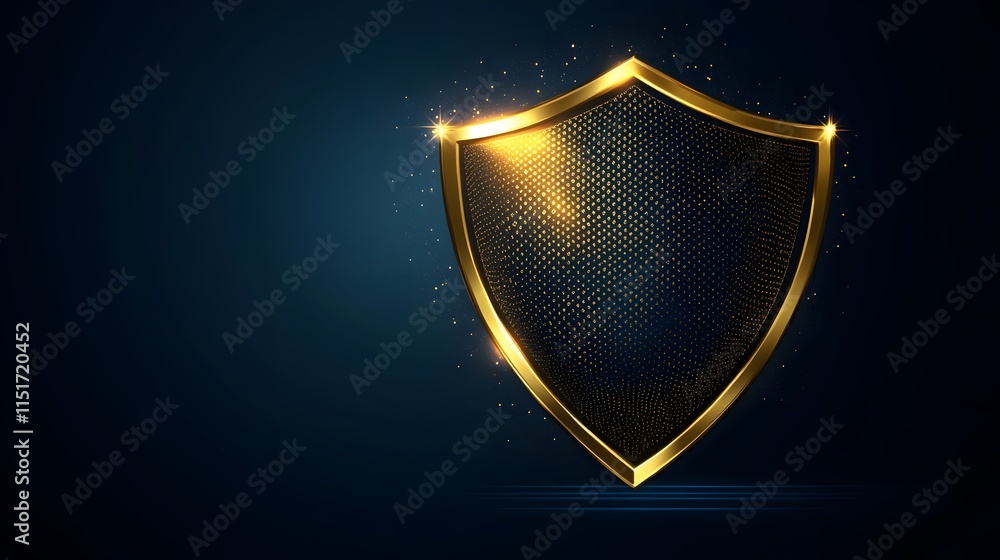 Golden metal shield with a mesh texture on a dark blue background ...