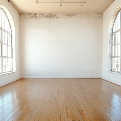 Wall Mural - Empty Minimalist Bright Loft Interior With White Walls, Arched Windows And Wooden Floor