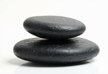 Stack of two black slate stones with layered textures on white background