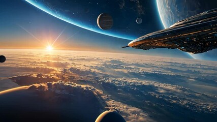 Wall Mural - Video footage of futuristic spaceship hovers above a cloud covered planet with a stunning sunrise, multiple moons, and a distant planet in the background