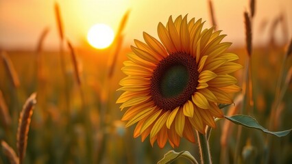 Graceful sunflower silhouette in a field of tall grass, tall grass, summer, field, yellow, rural