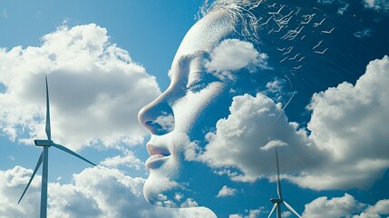 Wall Mural - double exposure of a person’s face blended with a wind farm, symbolizing the relationship between human responsibility and renewable energy solutions for a sustainable future. [Environmental]:[Renewab