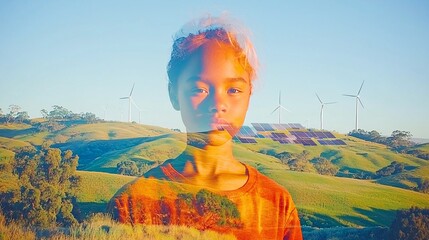 Wall Mural - double exposure of a landscape with rolling hills and a person’s face, showing the transformation of the land through the installation of solar panels and wind farms as part of renewable energy 