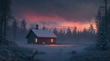 Wall Mural - Cozy Cabin nestled in a snowy winter forest at twilight