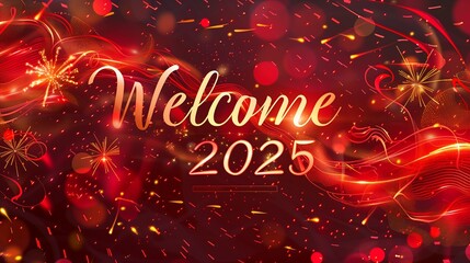 Vibrant red and gold abstract waves with glowing fireworks and Welcome 2025 text in modern typography.