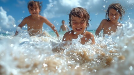 A family playing together in the shallow waves at the beach, building sandcastles and splashing water