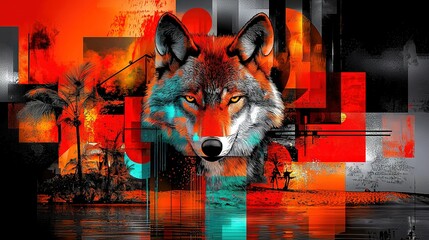 Wall Mural -   A painting featuring a wolf with orange, blue, red, and black squares set against a backdrop of palm trees