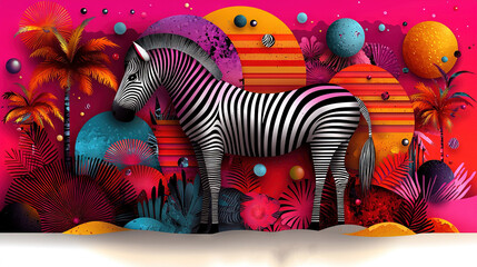 Wall Mural -   Zebra stands amidst palm trees, flowers, and balls against a pink backdrop