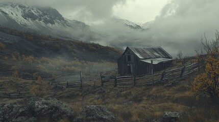 Wall Mural - Old Barn Stands Alone In Misty Mountain Valley