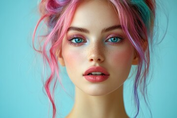 Poster - Young model showing colorful makeup and hairstyle posing in studio