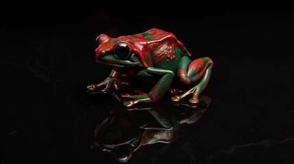 A strikingly bright red and green tree frog in a perfectly isolated studio shot.