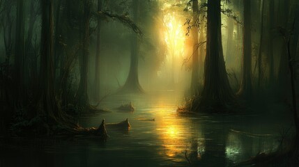 Wall Mural - Golden Sunset Through A Misty Swamp Forest