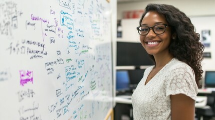 professional software developer smiling confidently next to whiteboard filled with coding diagrams a