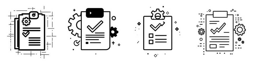 Checklist, questionnaire test, and register form outline icon. Line sign clipboard and gear. Modern isolated pictogram for web and app on a white background with editable stroke.