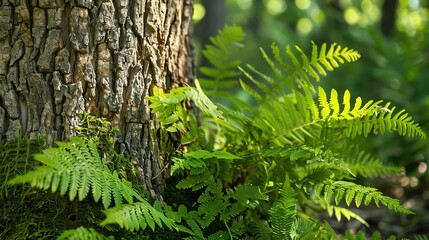 Sticker - A close up of lush green ferns growing at the base of a tree.