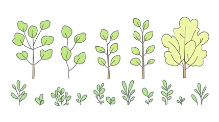 Wall Mural - Collection of Simple Green Plants and Trees Illustration