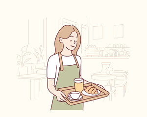 The clerk is serving the ordered menu at the cafe. Hand drawn style vector design illustrations.