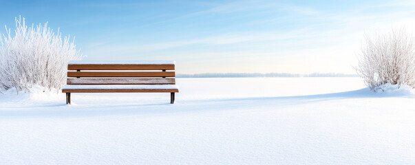 Wall Mural - snow-covered wooden bench nestled in serene winter landscape, highlighting pristine white scenery an
