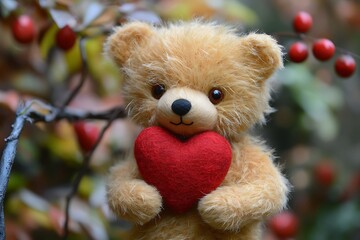 Wall Mural - Valentine's Day Teddy Bear with Red Heart in a Cute Display.