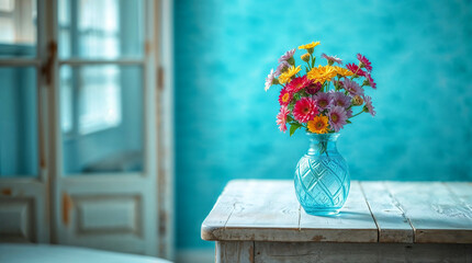 Wall Mural - Colorful delicate flowers in the vase over wooden table