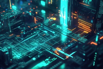 Canvas Print - Futuristic Circuit Board Glowing With Cyan And Orange Light