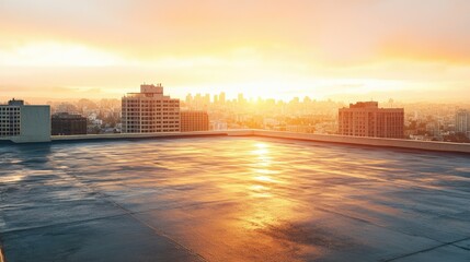 Wall Mural - an empty rooftop parking deck at sunset, with warm light reflecting off the concrete and a cityscape