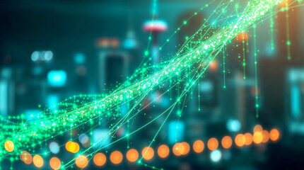 Abstract background of computer code communication stream over bokeh city lights