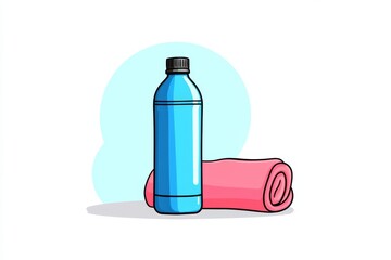 Fototapete - A conceptual illustration of a water bottle and gym towel, drawn in simple, bold lines with soft color gradients