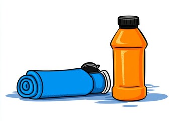 Fototapete - A conceptual illustration of a water bottle and gym towel, drawn in simple, bold lines with soft color gradients