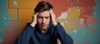 © Pixel Matrix - A young man with a headachemigraine sits before a vibrant painted wall