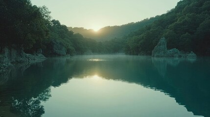 Wall Mural - Serene Sunrise Over Still Lake And Lush Green Hills