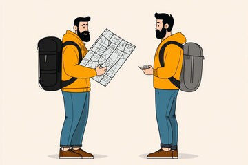 Poster - A minimalist flat vector design of a guide holding a map, drawn with bold geometric shapes and a clean, monochromatic palette
