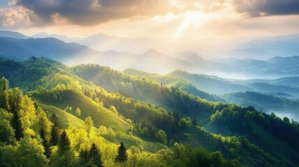 Poster - Majestic Mountain Ranges Basking in Golden Sunlight