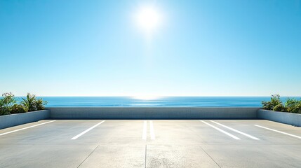 Wall Mural - A rooftop parking space with an open view of a beach and ocean, under a brilliant afternoon sun and clear blue sky