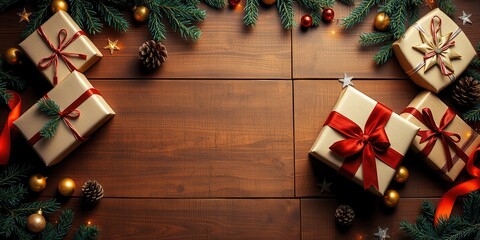 Poster - A Festive Arrangement of Wrapped Gifts with Pine Branches and Christmas Decorations on a Wooden Background