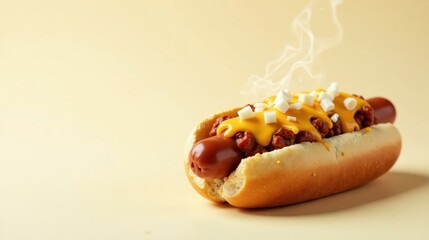 Wall Mural - Aromatic Steaming Hot Dog Topped with Chili, Melted Cheese, and Onions in a Soft Bun