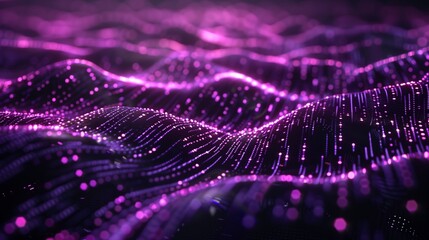 A digital wavy background with interconnected luminous curves in purple and cyan on a black base.