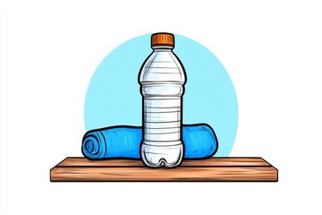 Fototapete - A conceptual illustration of a water bottle and gym towel, drawn in simple, bold lines with soft color gradients