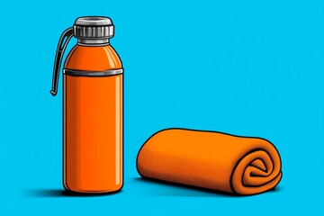 Fototapete - A conceptual illustration of a water bottle and gym towel, drawn in simple, bold lines with soft color gradients