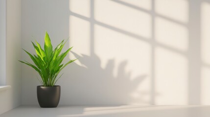 Canvas Print - A potted plant casts a shadow on a minimalist wall, illuminated by natural light, creating a serene and peaceful indoor atmosphere.