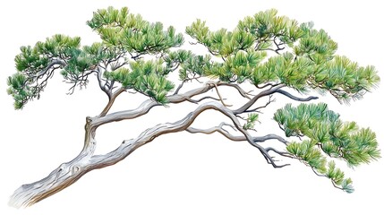 Majestic Pine Tree Branch  Watercolor Illustration  Isolated on White