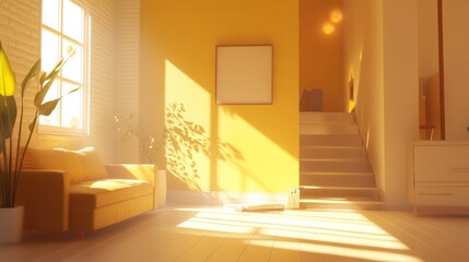 Aufkleber - Sunlight streams through large windows, illuminating a cozy living area with a yellow wall and clean lines. A staircase leads to an upper level, enhancing the open feel of the space.