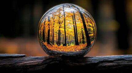 Canvas Print - A crystal ball reflects vibrant autumn foliage in a serene forest setting, perfect for nature-themed projects, meditation, or inspiration, This image highlights the beauty of seasonal change,