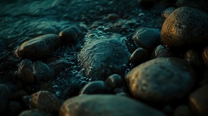 Poster - Dark River Stones Water Bubbles Flowing Gently